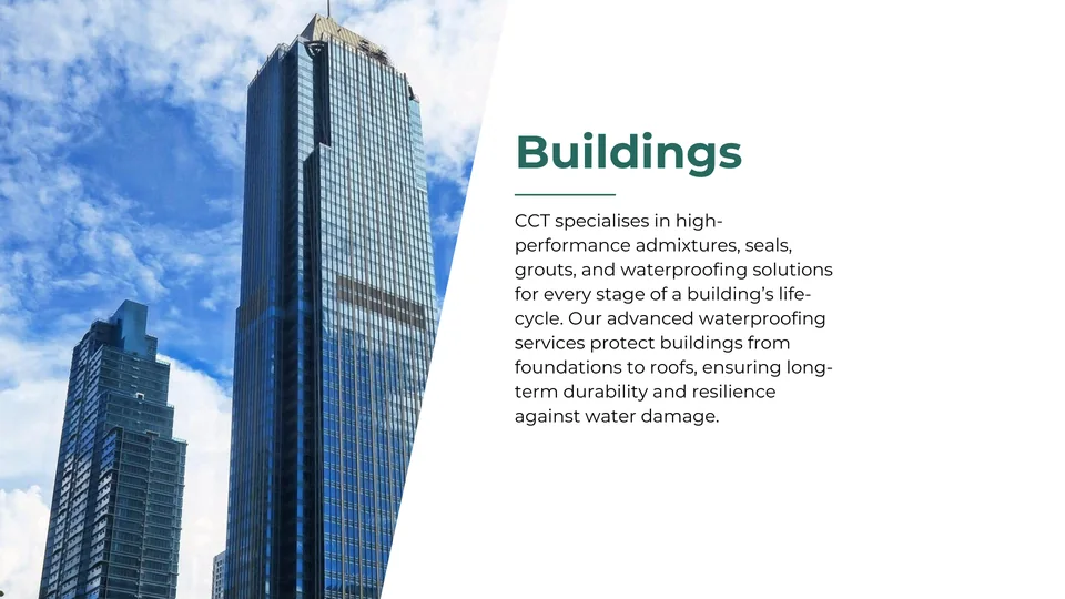 High-rise buildings highlighting CCT's advanced waterproofing and construction solutions for durability and resilience