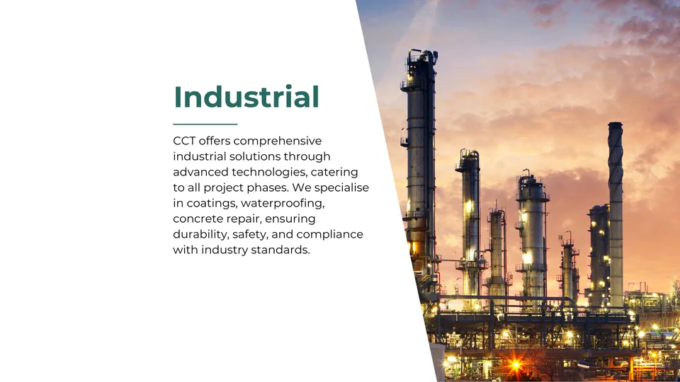 Industrial sector showcasing comprehensive industrial solutions including coatings, waterproofing, and concrete repair